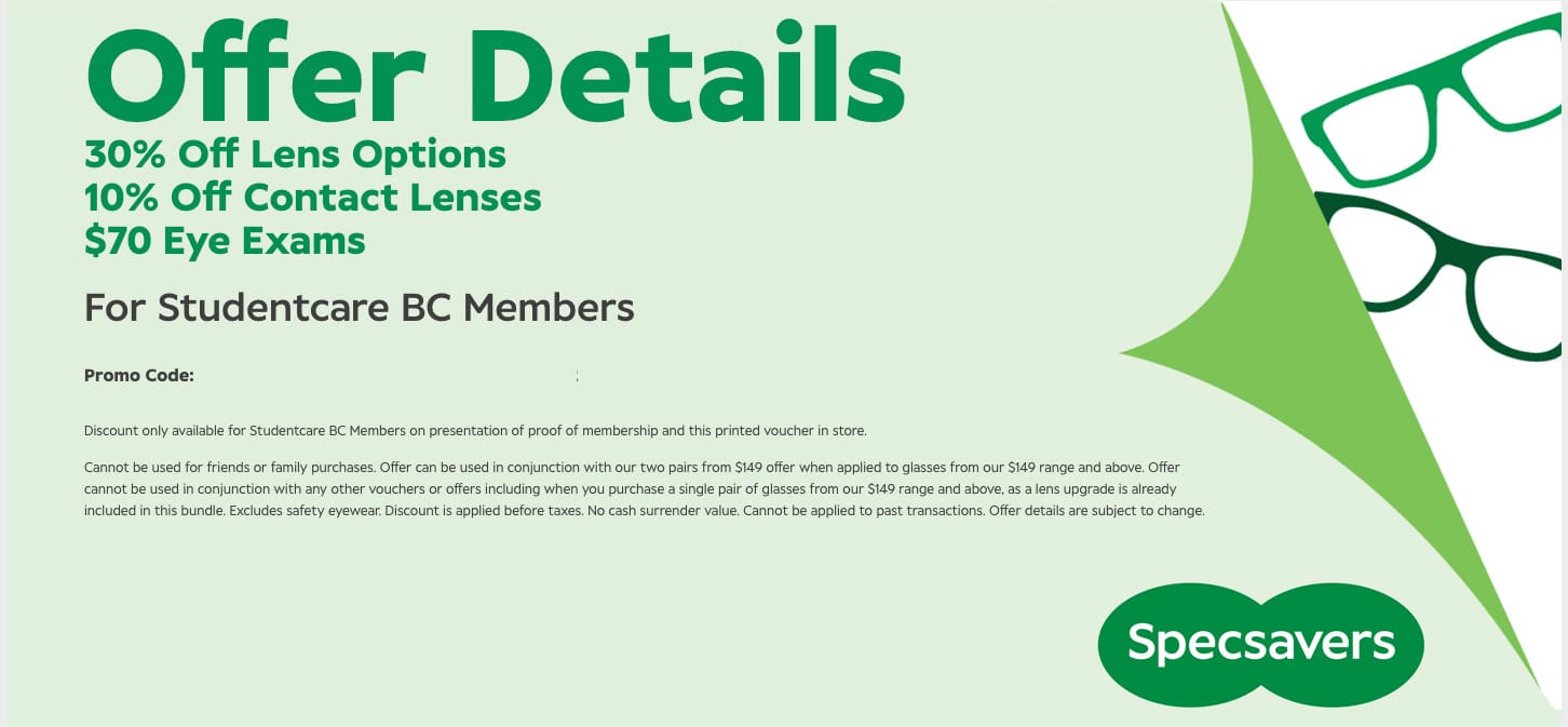 Specsavers Studentcare discounts on lenses and eye exams