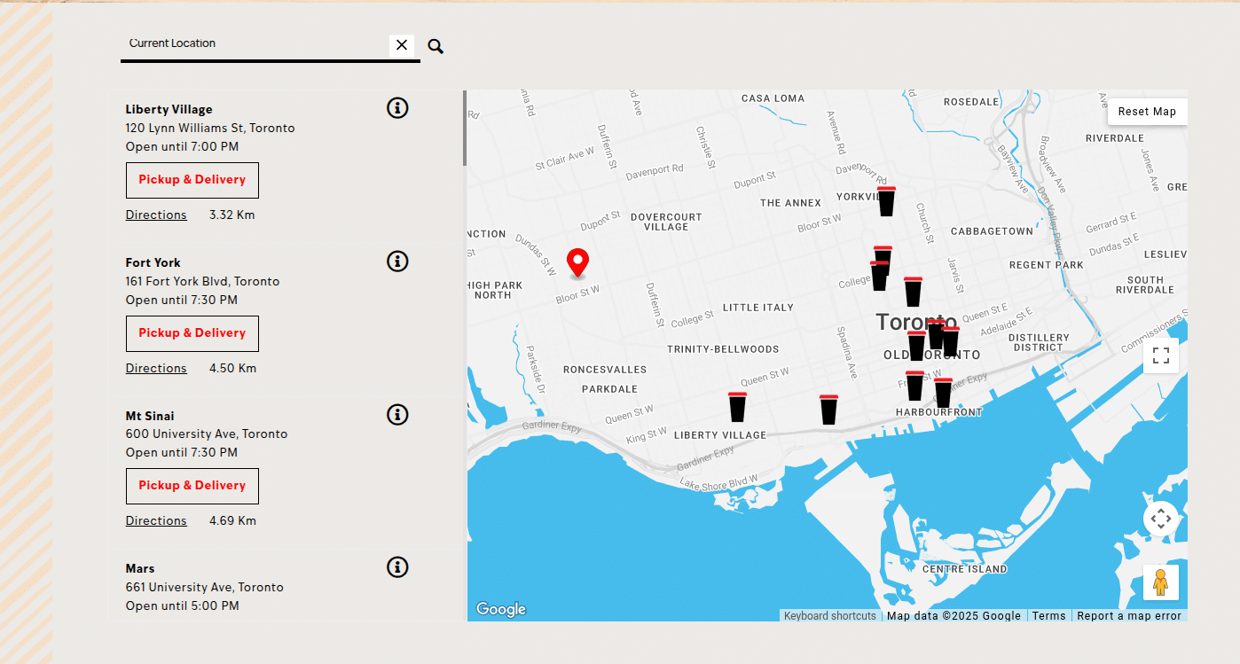 Map showing Toronto coffee shop locations